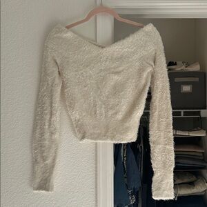 Scala Off-Shoulder Fuzzy Cream Sweater